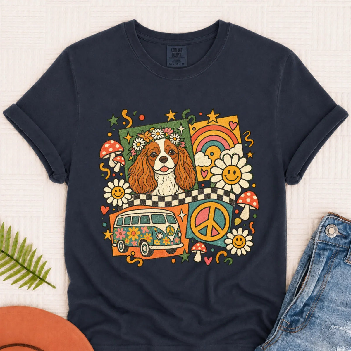 T-Shirt Navy / S Custom Cavalier Hippie Mushrooms Unisex Tshirt