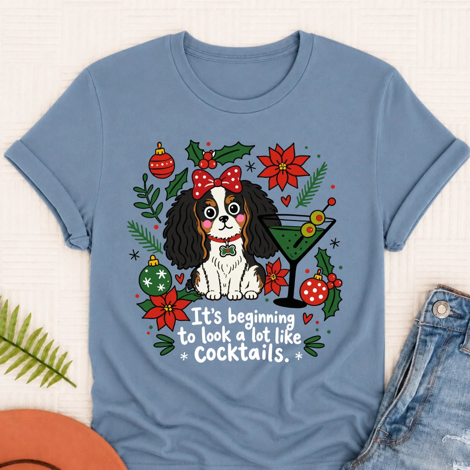 Custom Cavalier King Charles Christmas Cocktails Unisex TShirt Blue Jean