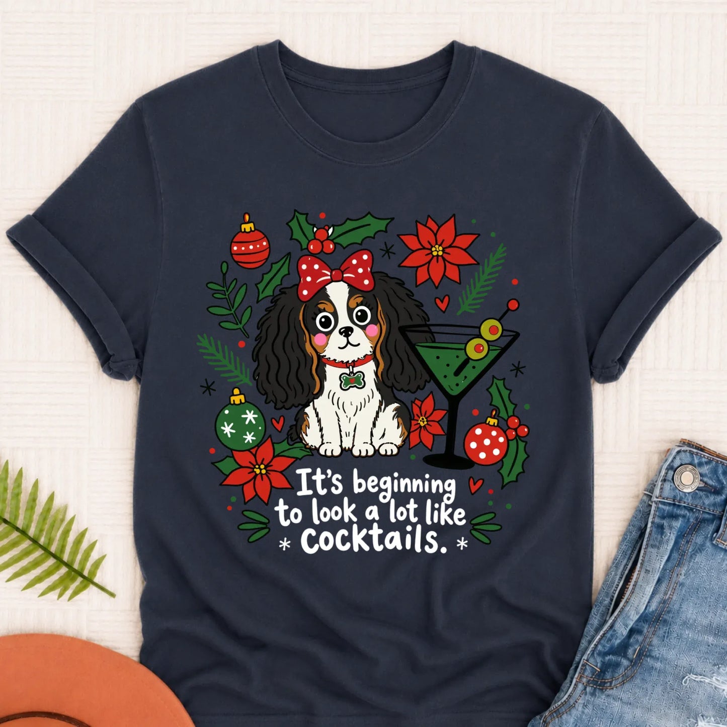 Custom Cavalier King Charles Christmas Cocktails Unisex TShirt Navy
