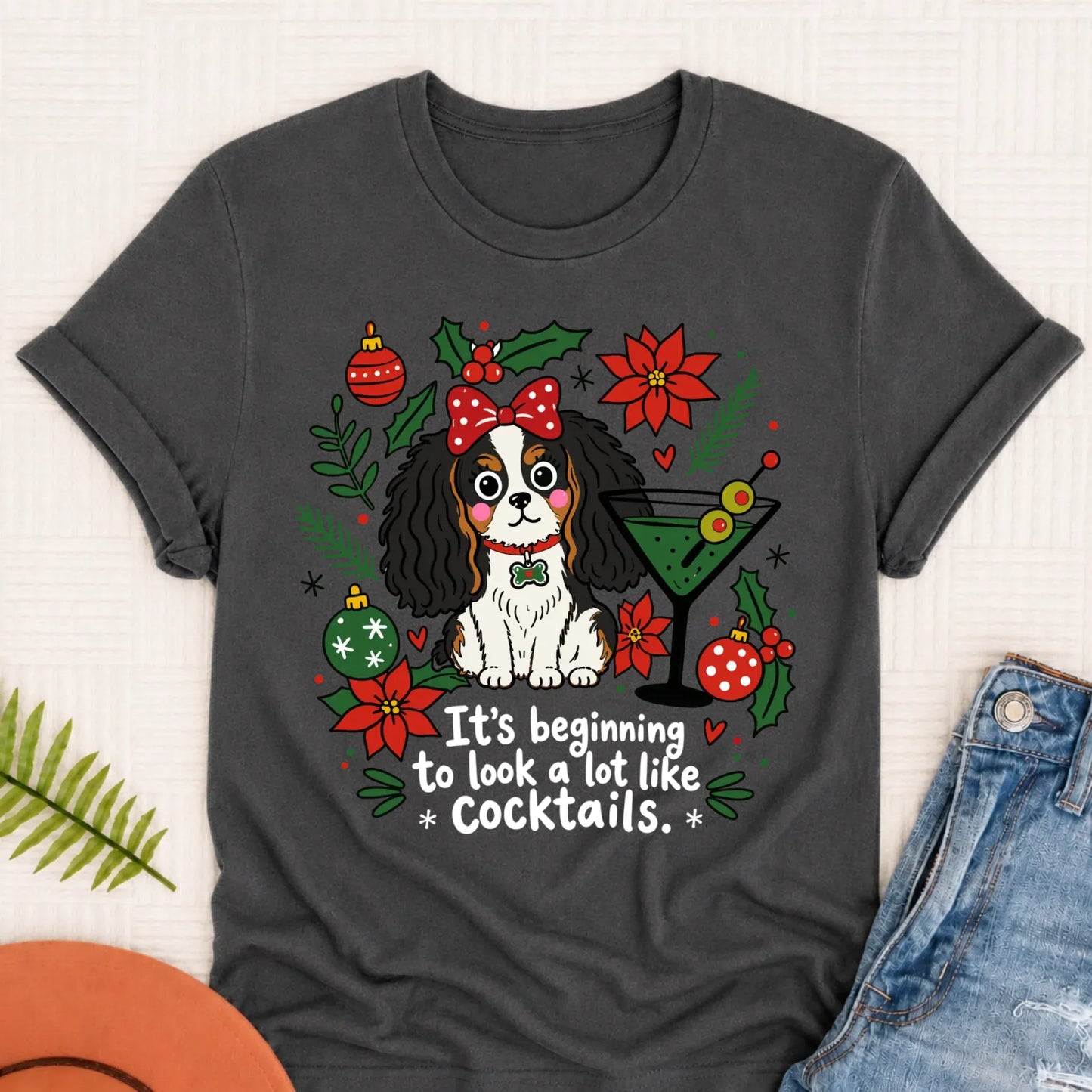 Custom Cavalier King Charles Christmas Cocktails Unisex TShirt Pepper