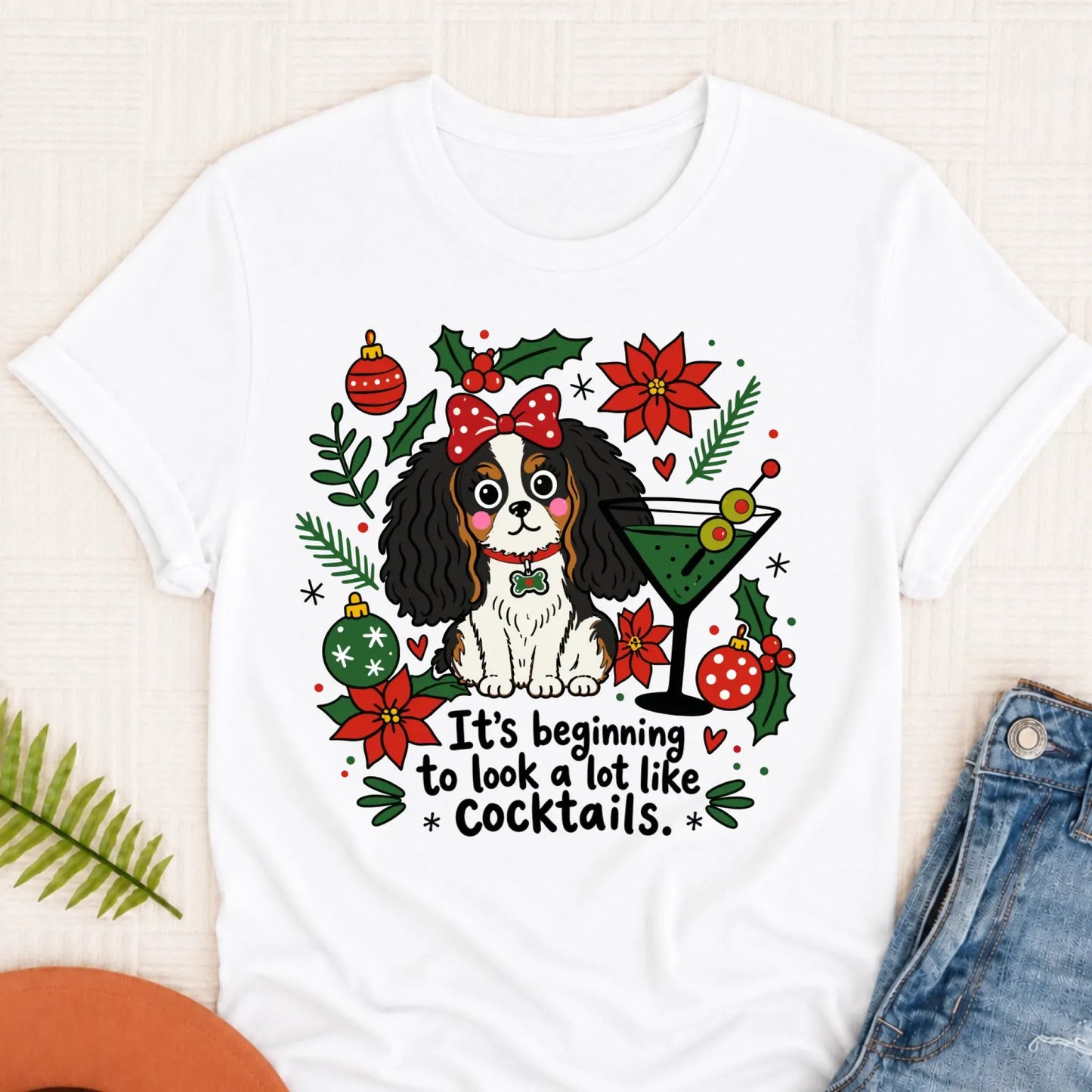 Custom Cavalier King Charles Christmas Cocktails Unisex TShirt White