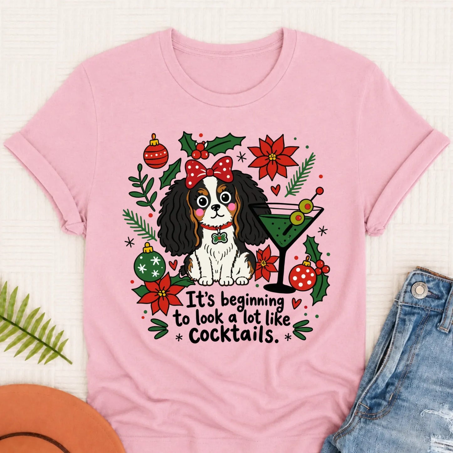 Custom Cavalier King Charles Christmas Cocktails Unisex TShirt Blossom