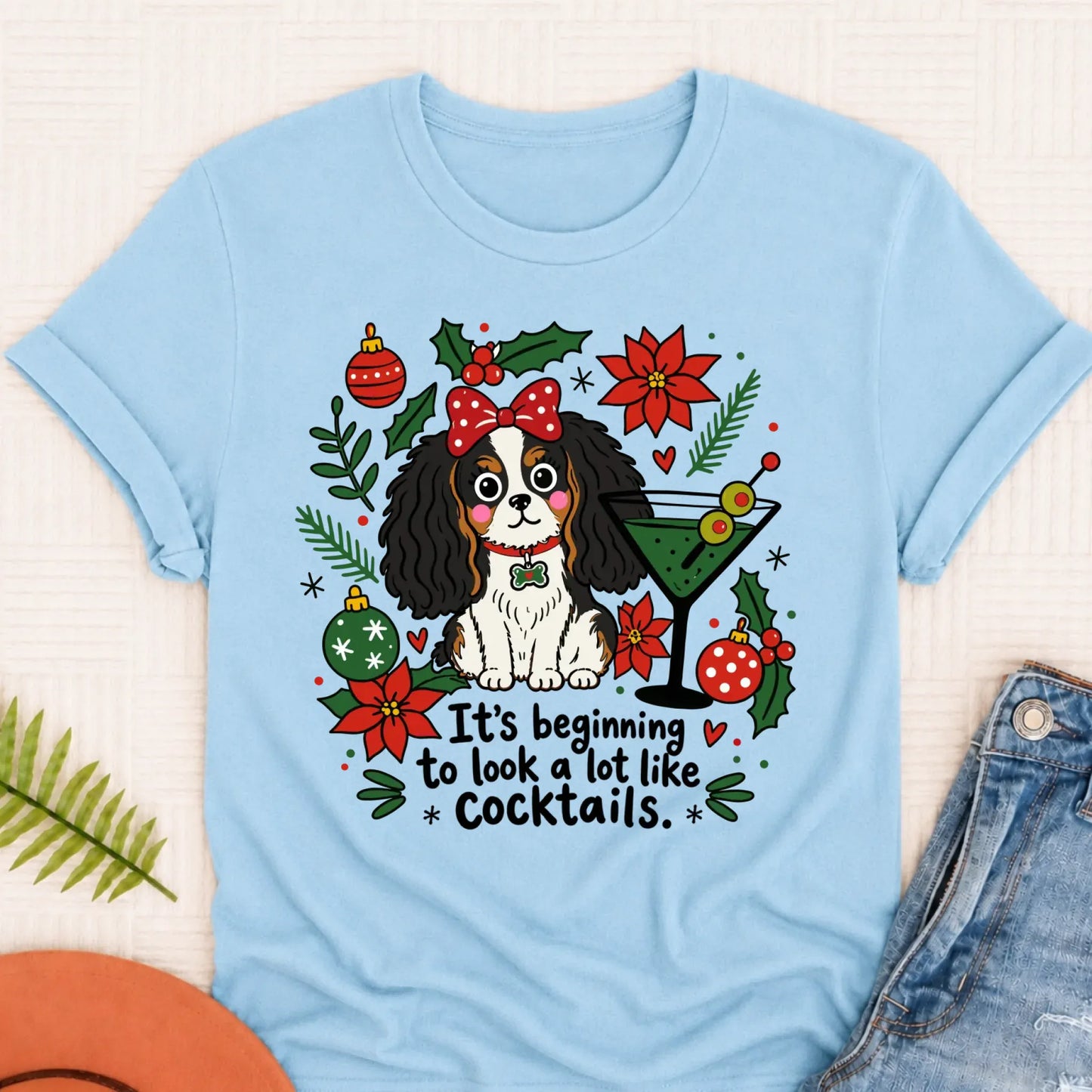 Custom Cavalier King Charles Christmas Cocktails Unisex TShirt Chambray