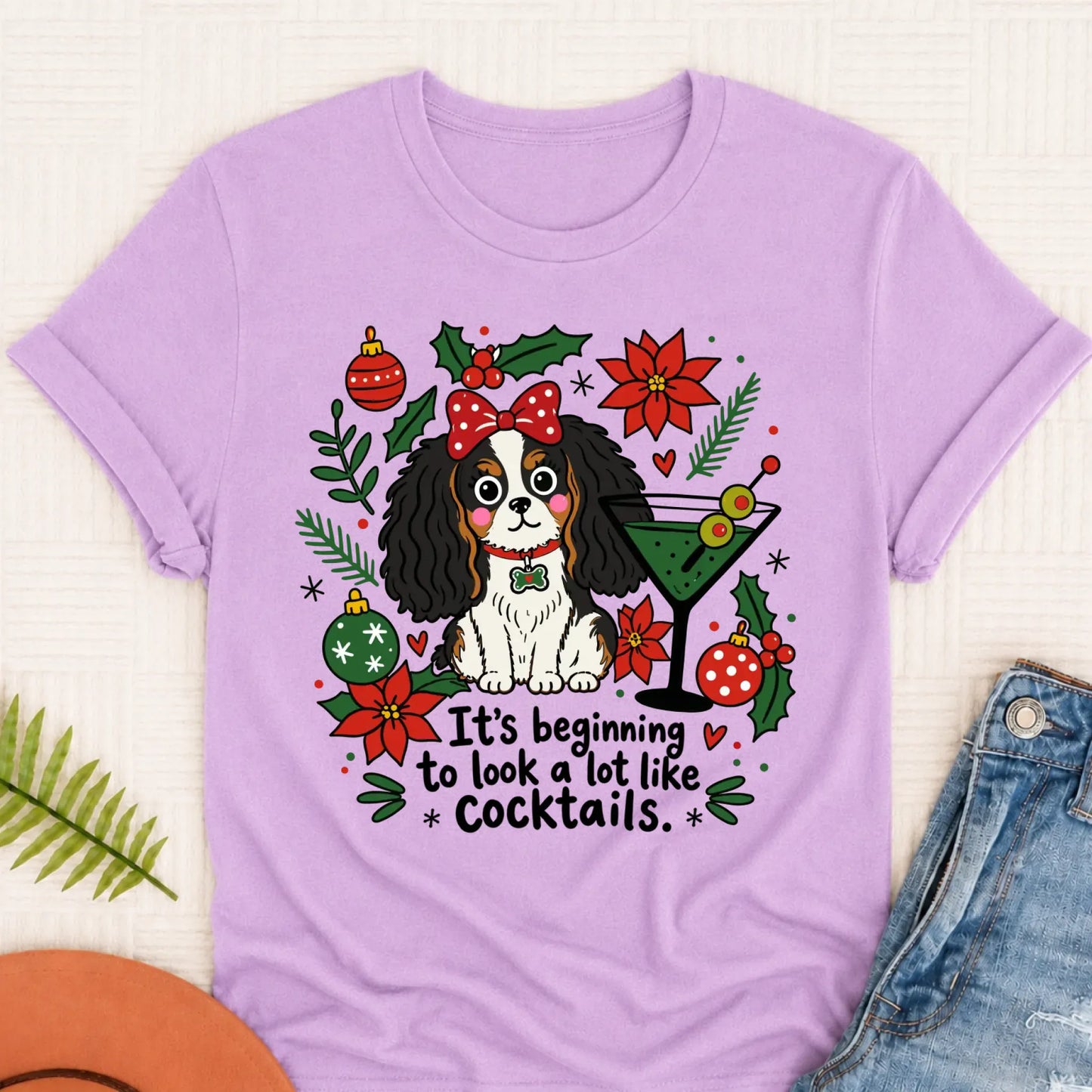 Custom Cavalier King Charles Christmas Cocktails Unisex TShirt Orchid