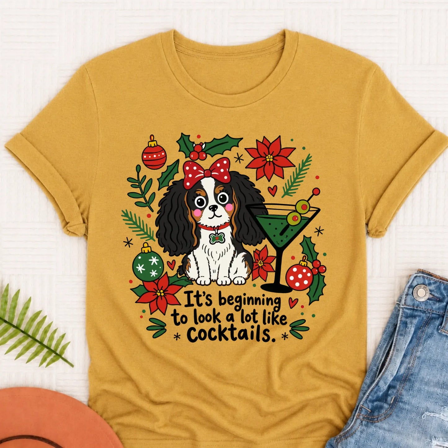 Custom Cavalier King Charles Christmas Cocktails Unisex TShirt Mustard