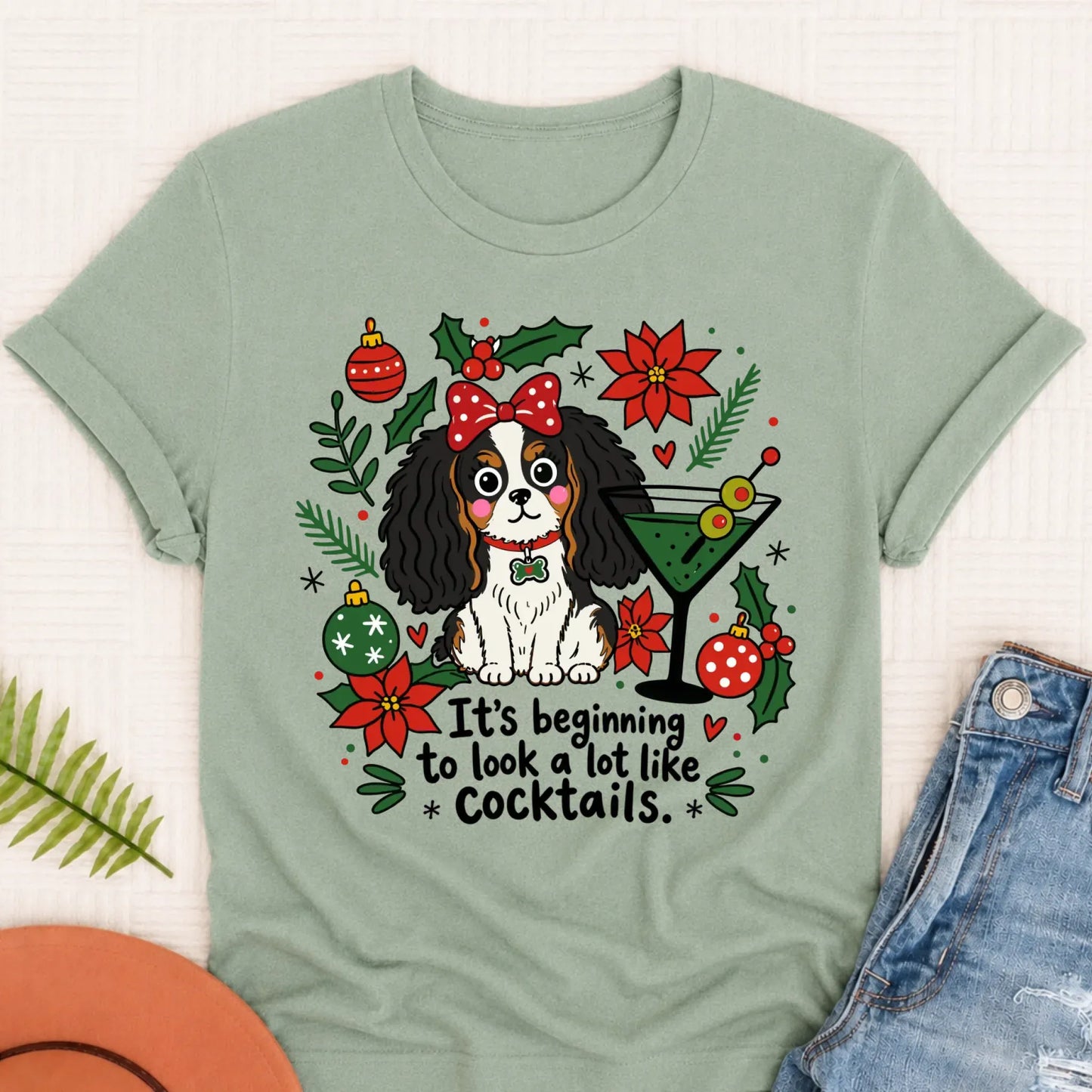 Custom Cavalier King Charles Christmas Cocktails Unisex TShirt Bay
