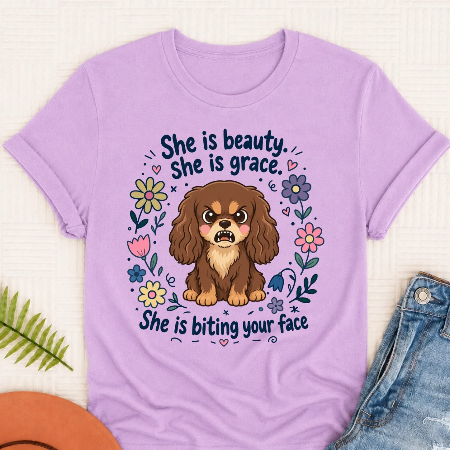 Custom Cavalier King Charles Funny Biting Your Face Unisex TShirt Orchid