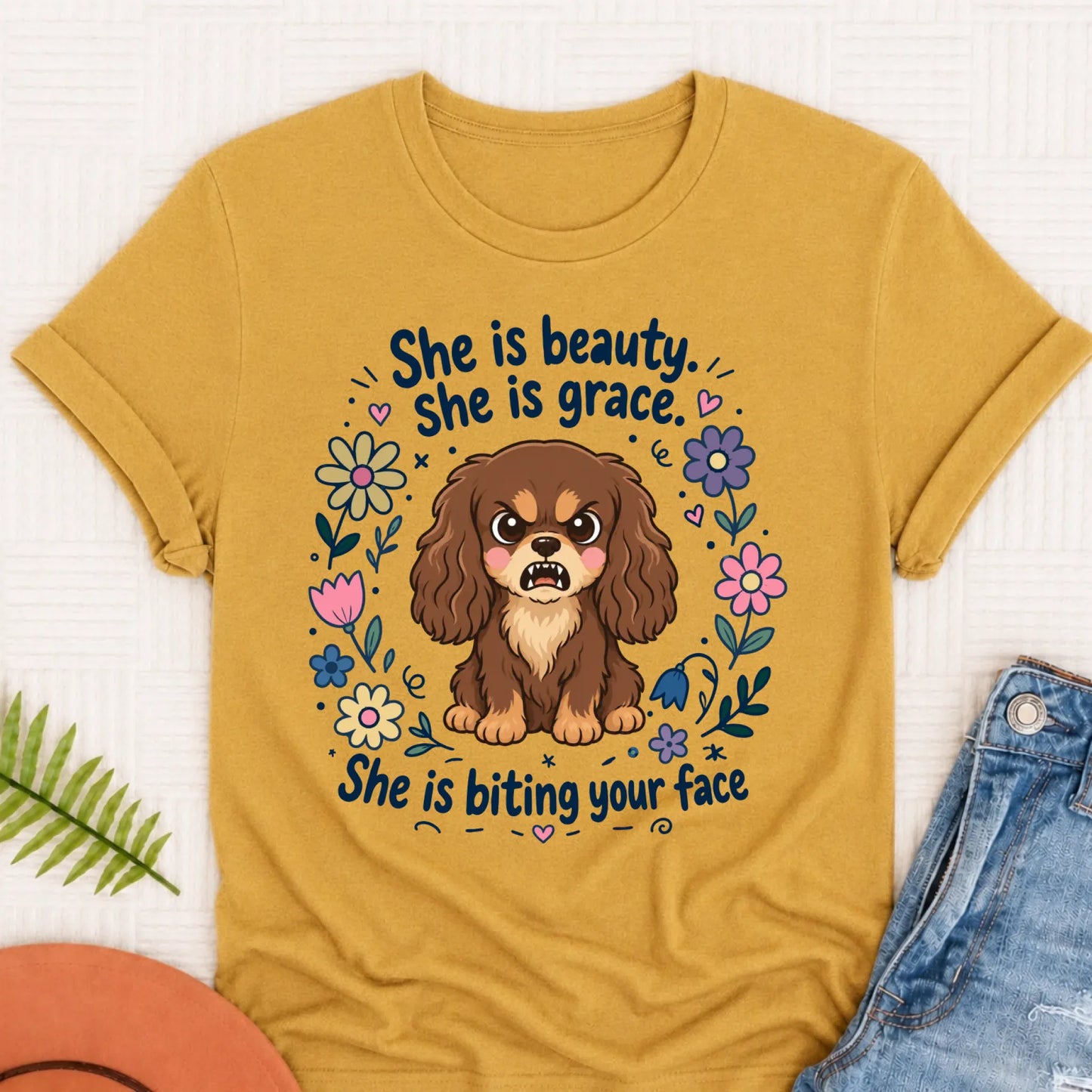 Custom Cavalier King Charles Funny Biting Your Face Unisex TShirt Mustard