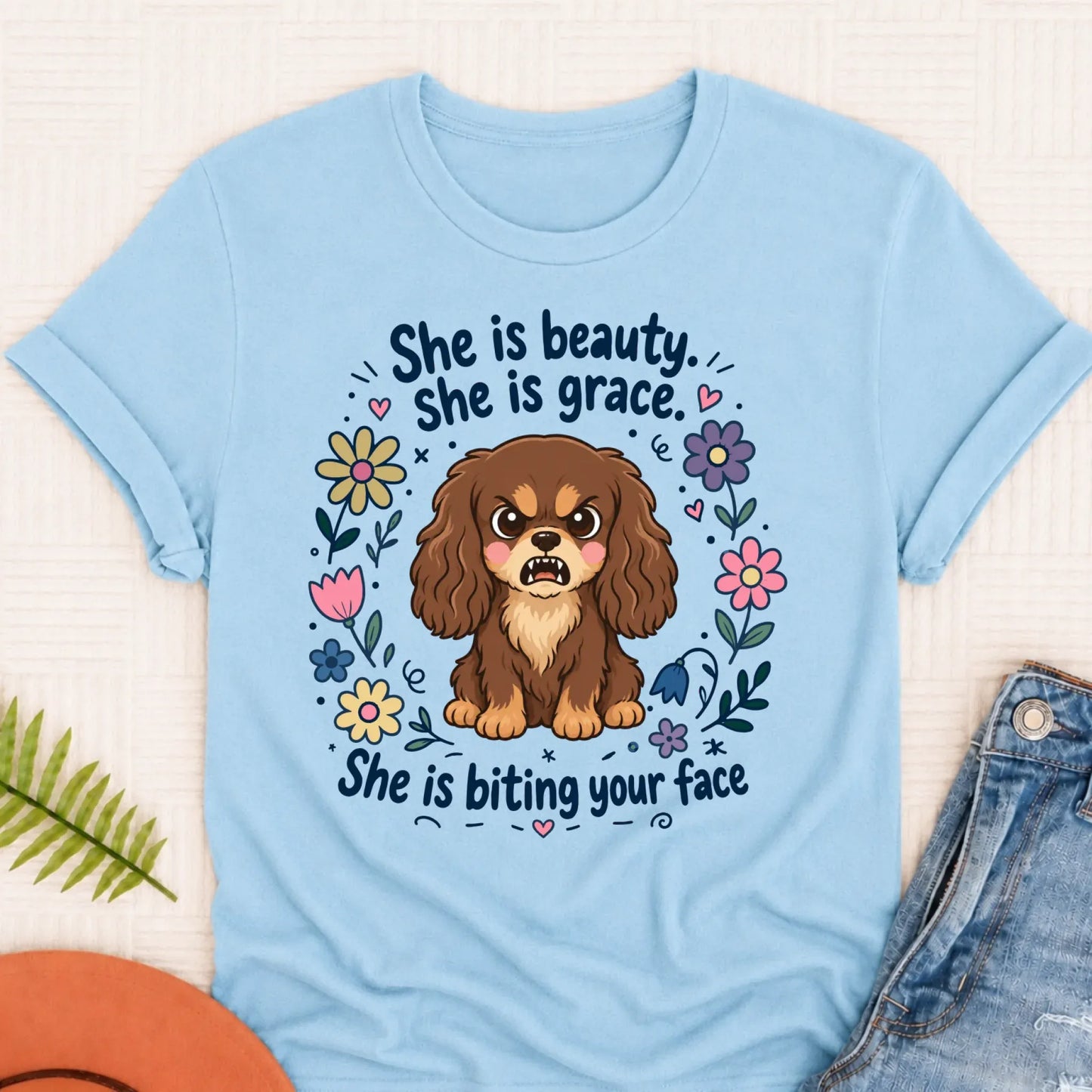 Custom Cavalier King Charles Funny Biting Your Face Unisex TShirt Chambray