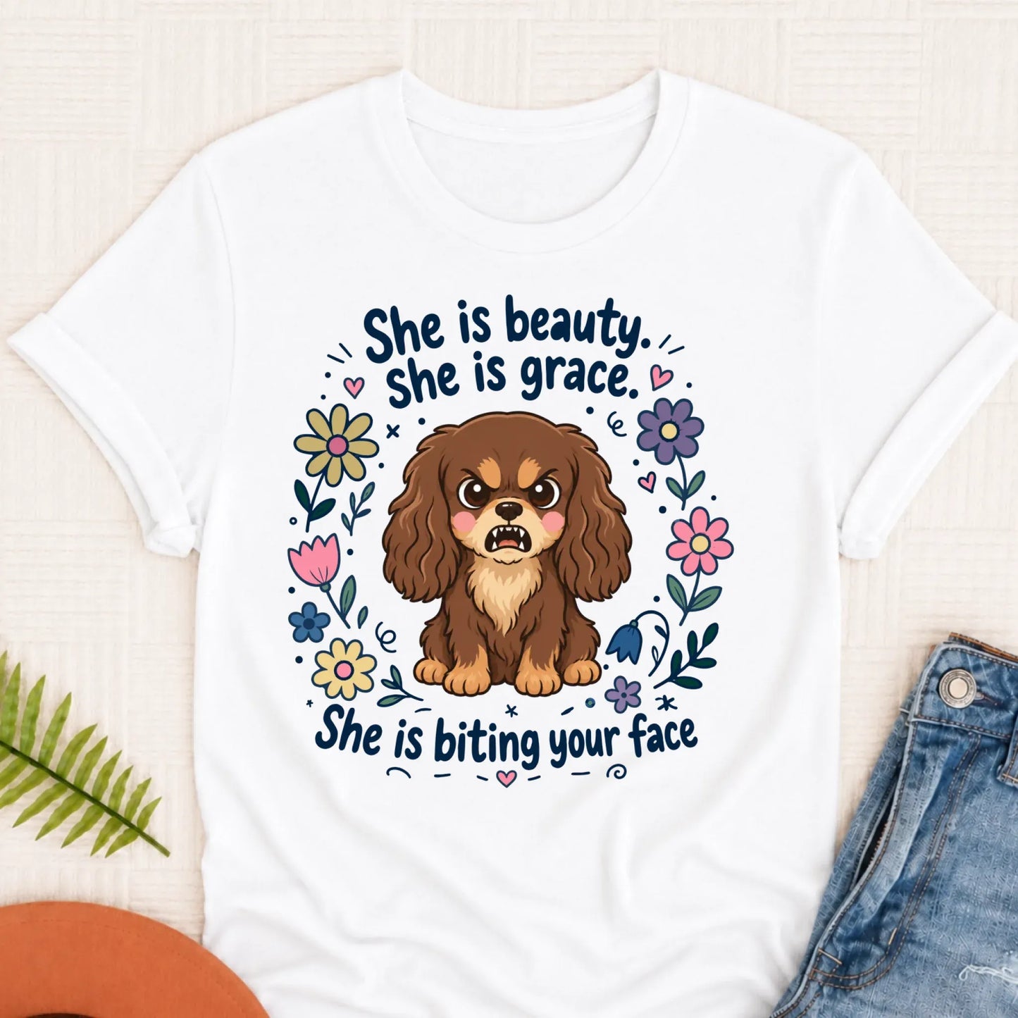 Custom Cavalier King Charles Funny Biting Your Face Unisex TShirt White