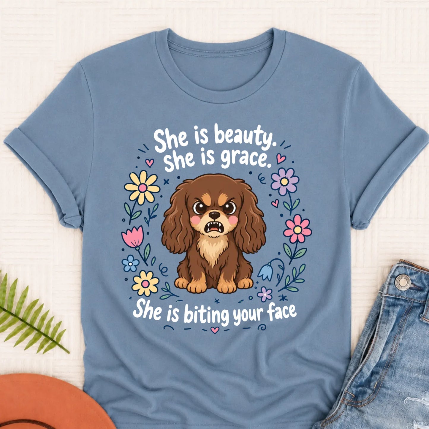 Custom Cavalier King Charles Funny Biting Your Face Unisex TShirt Blue Jean