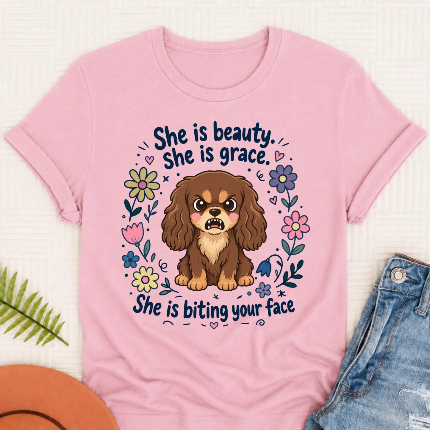 Custom Cavalier King Charles Funny Biting Your Face Unisex TShirt Blossom