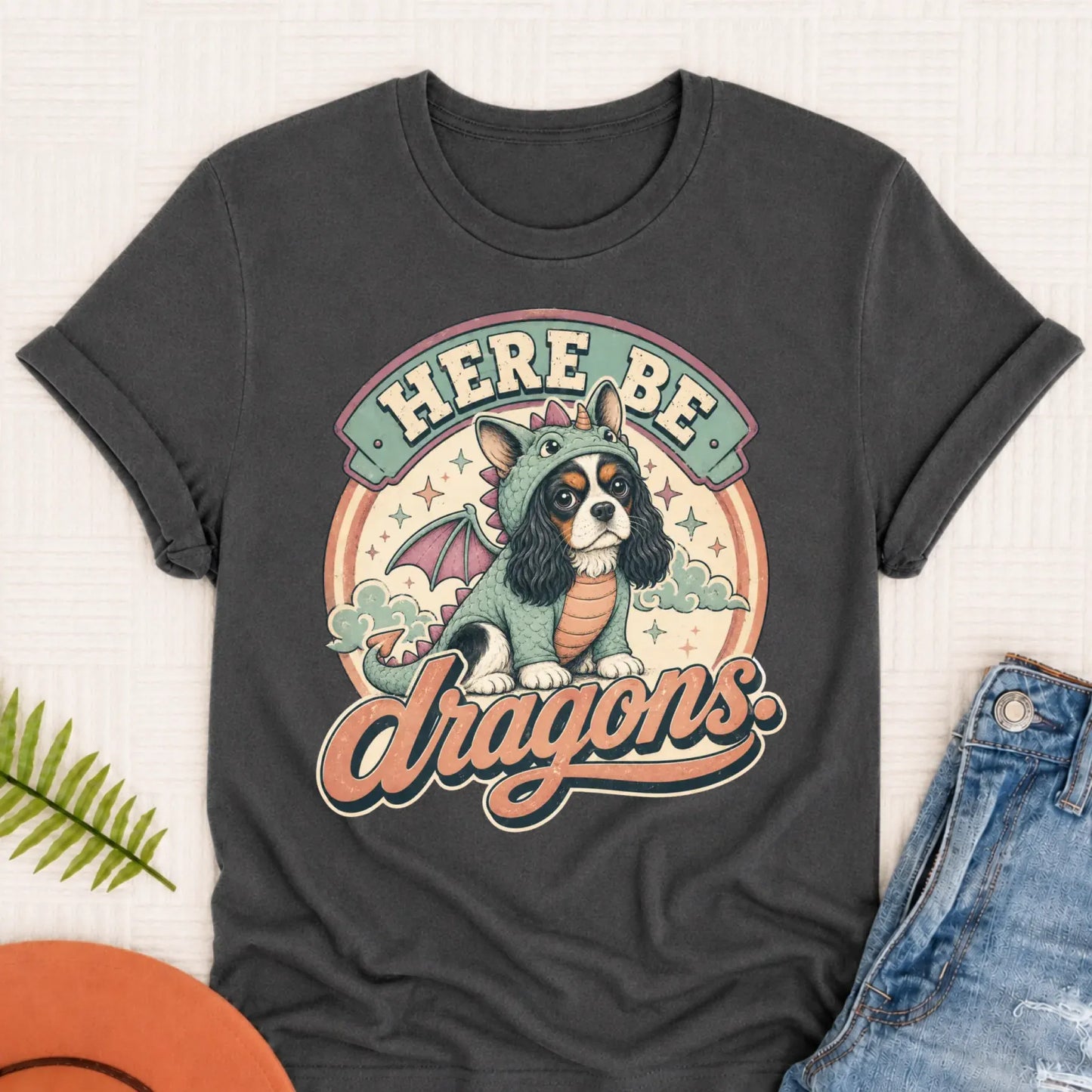 Custom Cavalier King Charles Here Be Dragons Unisex TShirt Pepper