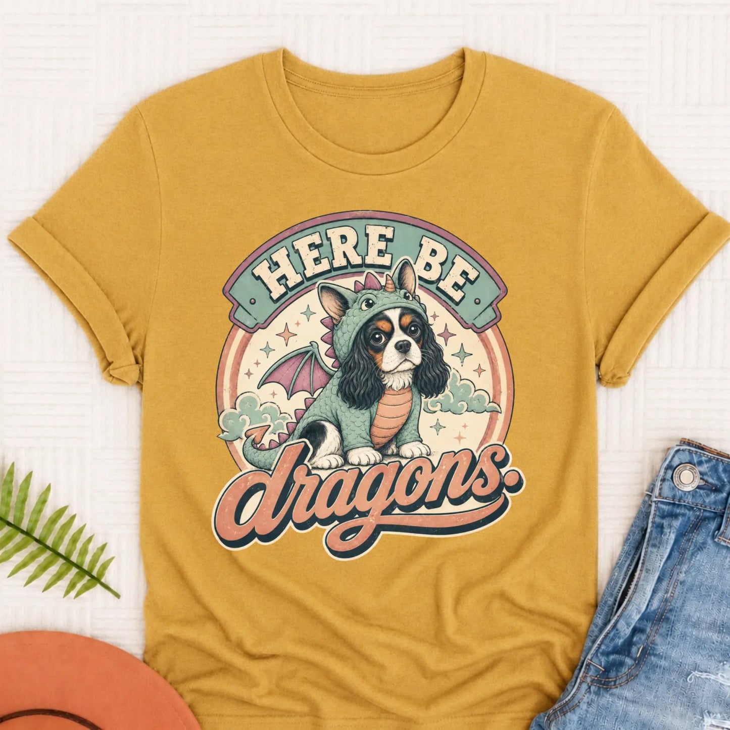 Custom Cavalier King Charles Here Be Dragons Unisex TShirt Mustard