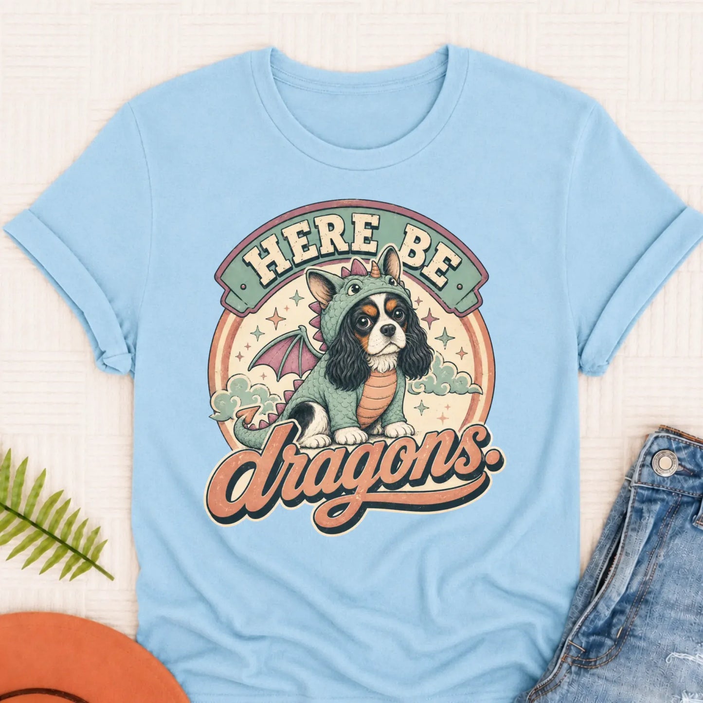 Custom Cavalier King Charles Here Be Dragons Unisex TShirt Chambray