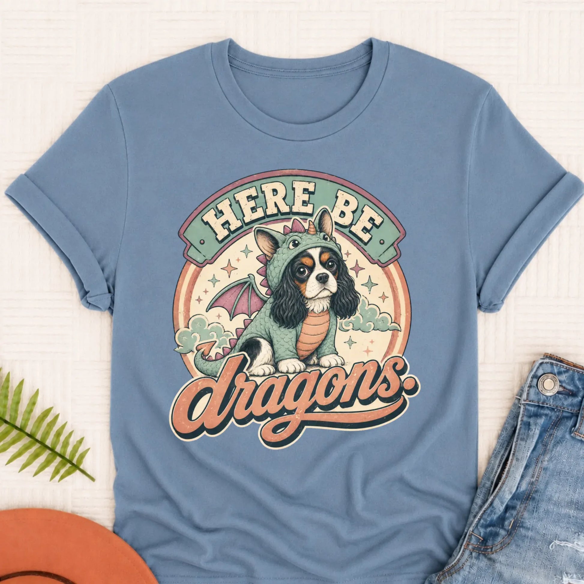 Custom Cavalier King Charles Here Be Dragons Unisex TShirt Blue Jean