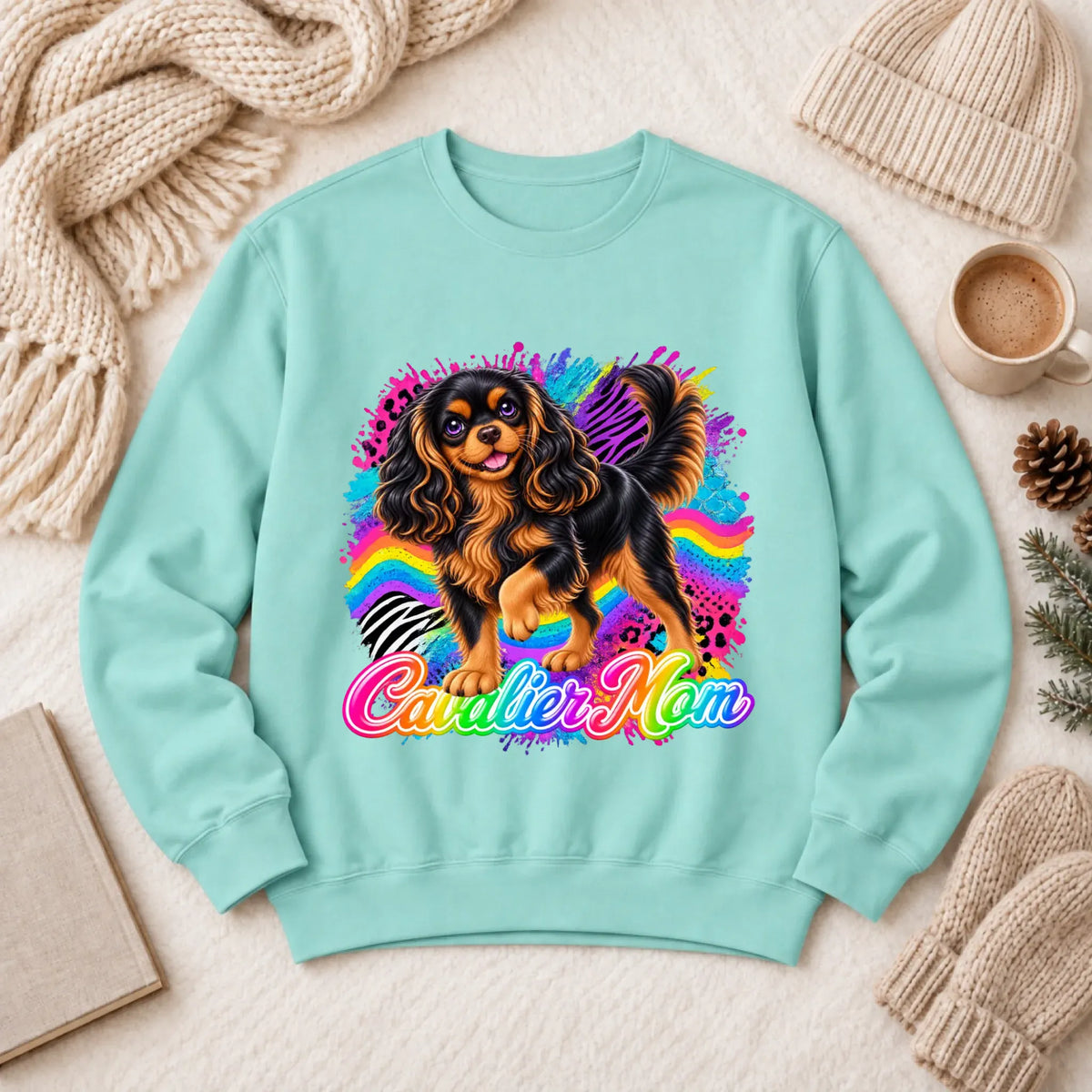 Custom Cavalier Mom Retro Neon Unisex Sweatshirt Chalky Mint