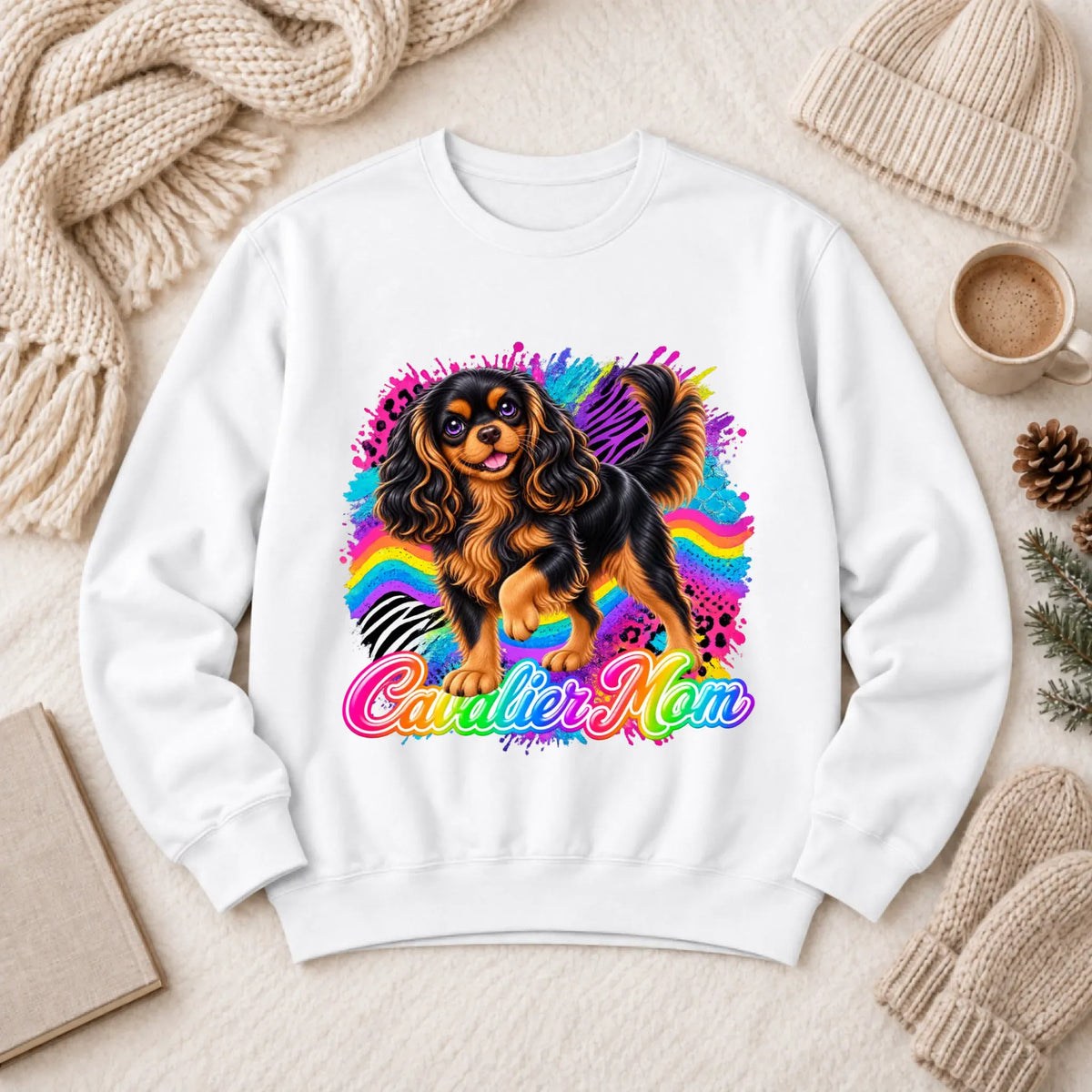 Custom Cavalier Mom Retro Neon Unisex Sweatshirt White