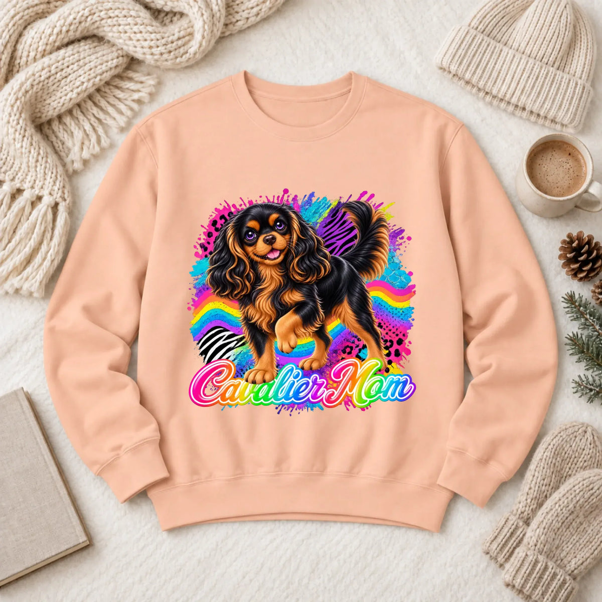 Custom Cavalier Mom Retro Neon Unisex Sweatshirt Peachy