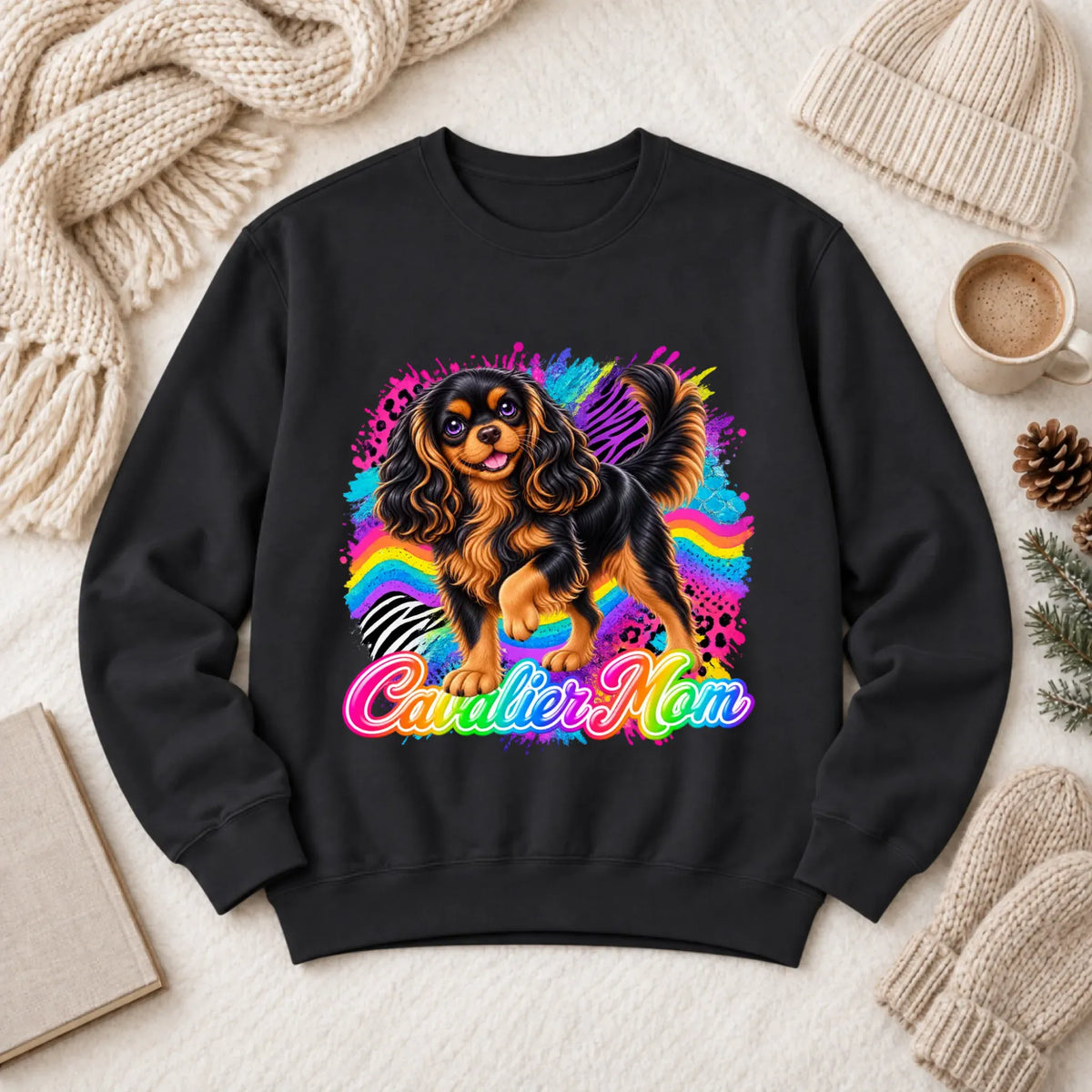 Custom Cavalier Mom Retro Neon Unisex Sweatshirt Black