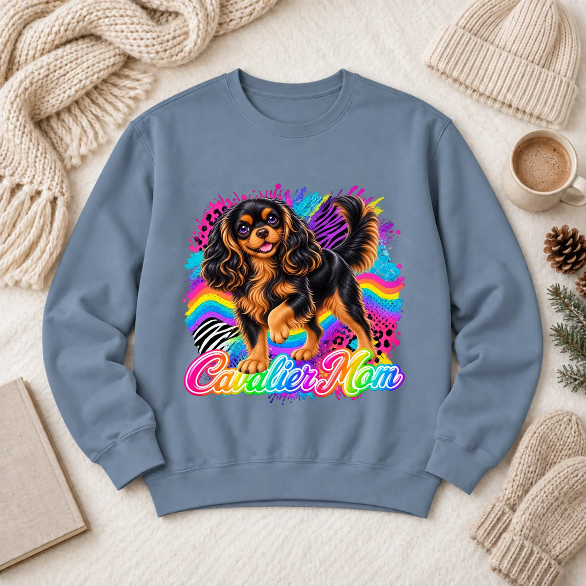 Custom Cavalier Mom Retro Neon Unisex Sweatshirt Blue Jean