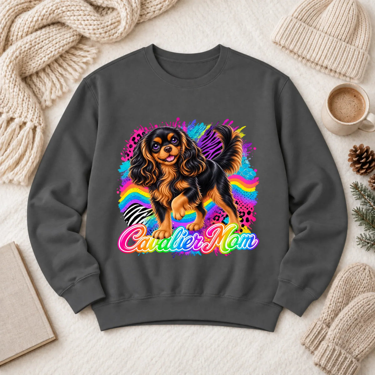 Custom Cavalier Mom Retro Neon Unisex Sweatshirt Pepper