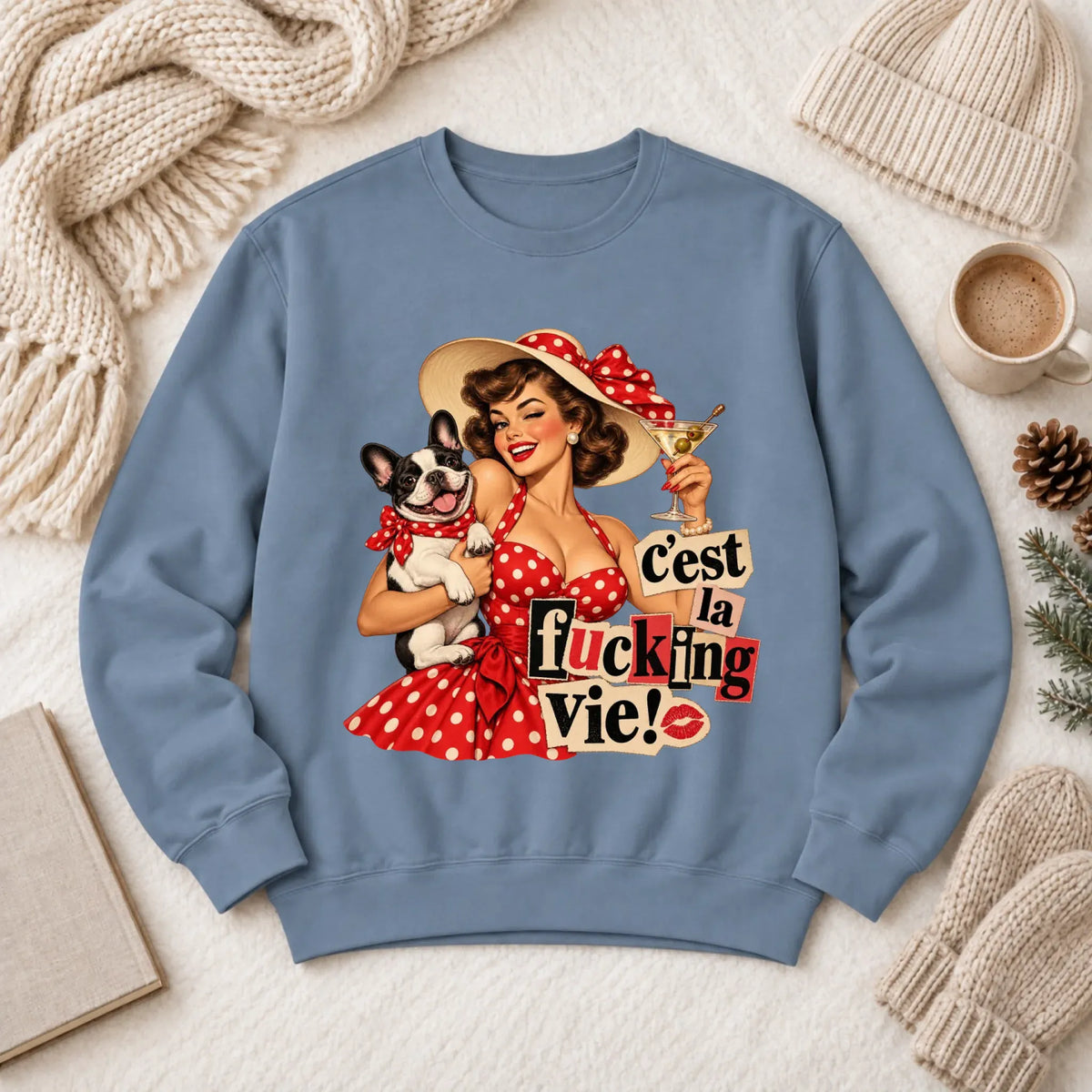 Custom Cavalier Pinup C'est La Vie Unisex Sweatshirt Blue Jean