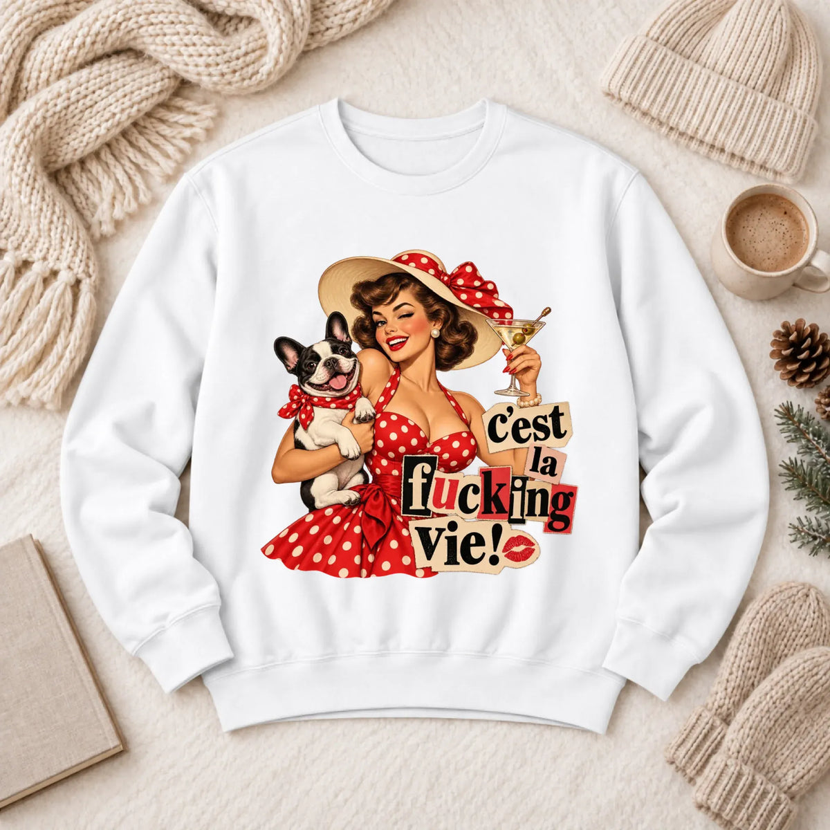 Custom Cavalier Pinup C'est La Vie Unisex Sweatshirt White
