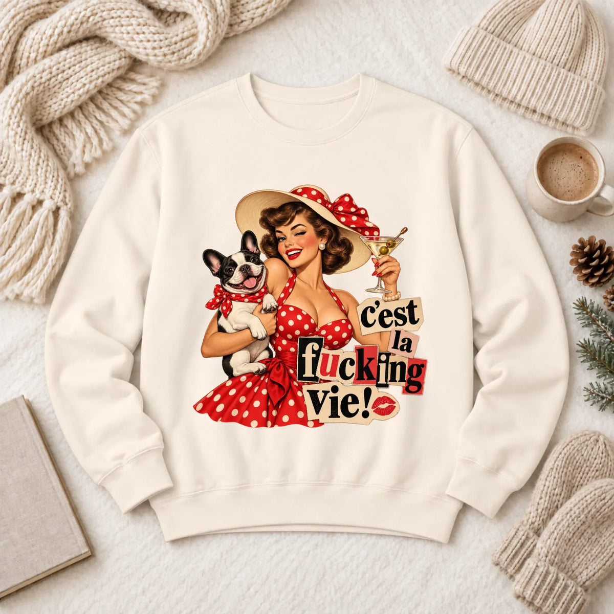 Custom Cavalier Pinup C'est La Vie Unisex Sweatshirt Ivory
