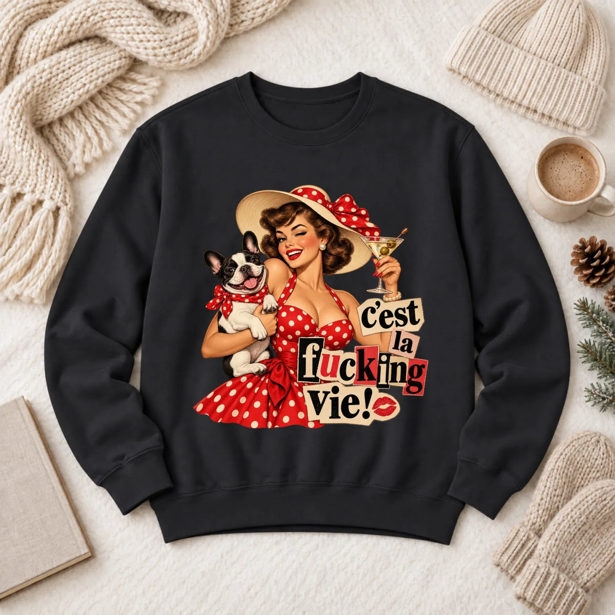 Custom Cavalier Pinup C'est La Vie Unisex Sweatshirt Black