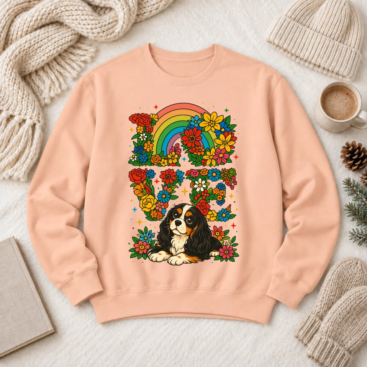 Custom Cavalier Rainbow LGBTQ Flowers Unisex Sweatshirt 1466 LW Sweatshirt Light Peachy