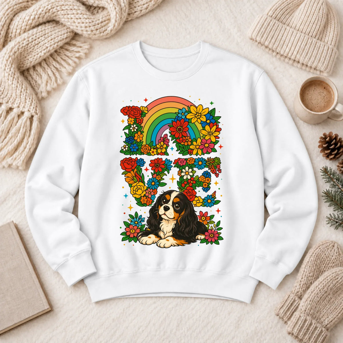Custom Cavalier Rainbow LGBTQ Flowers Unisex Sweatshirt 1466 LW Sweatshirt Light White