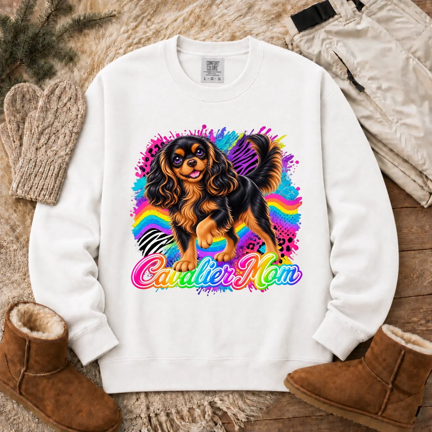 Custom Cavalier Mom Retro Neon Unisex Sweatshirt White