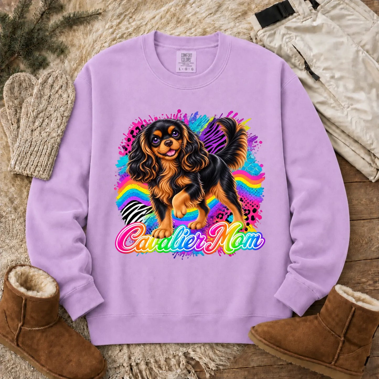 Custom Cavalier Mom Retro Neon Unisex Sweatshirt Orchid
