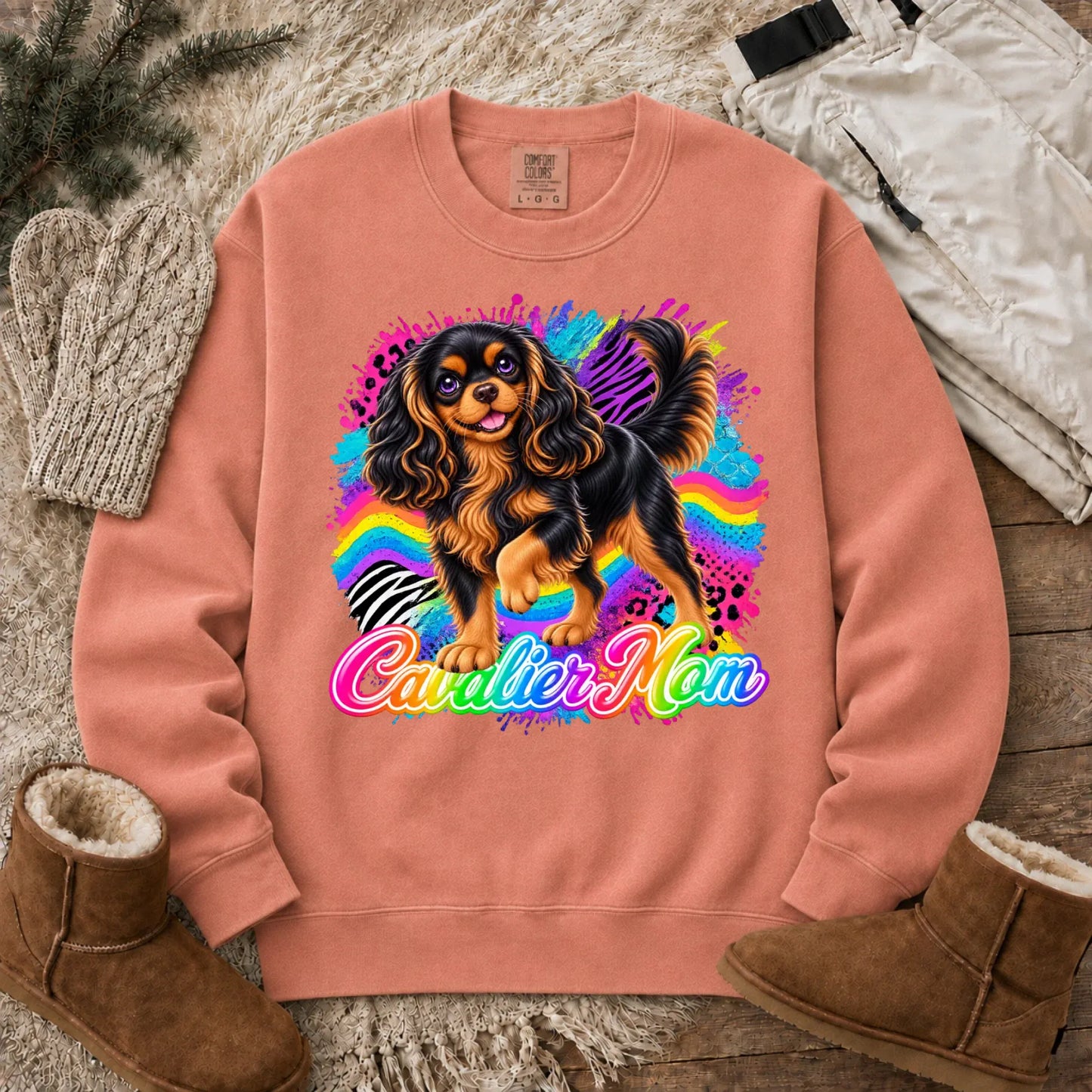 Custom Cavalier Mom Retro Neon Unisex Sweatshirt Terracotta
