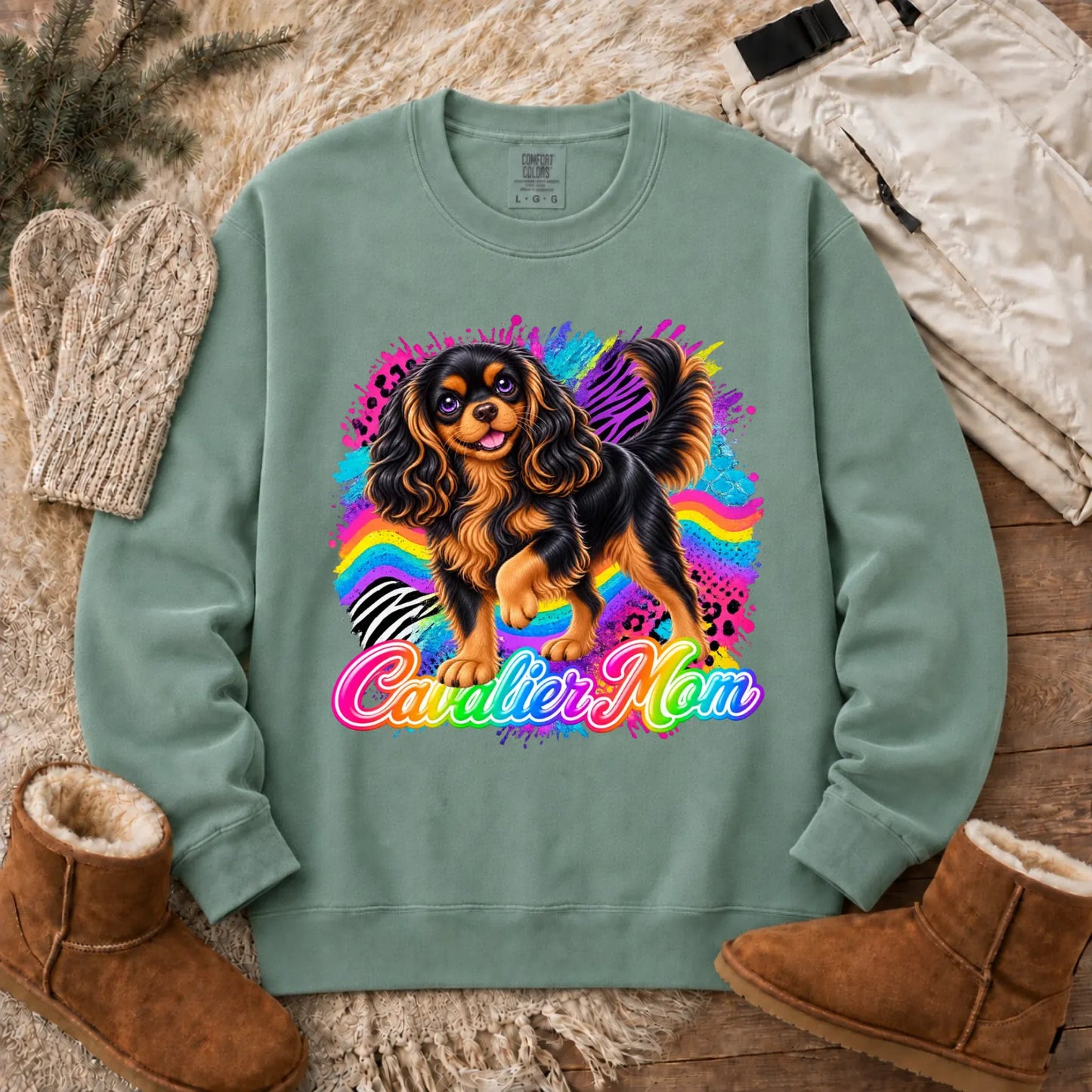 Custom Cavalier Mom Retro Neon Unisex Sweatshirt Light Green