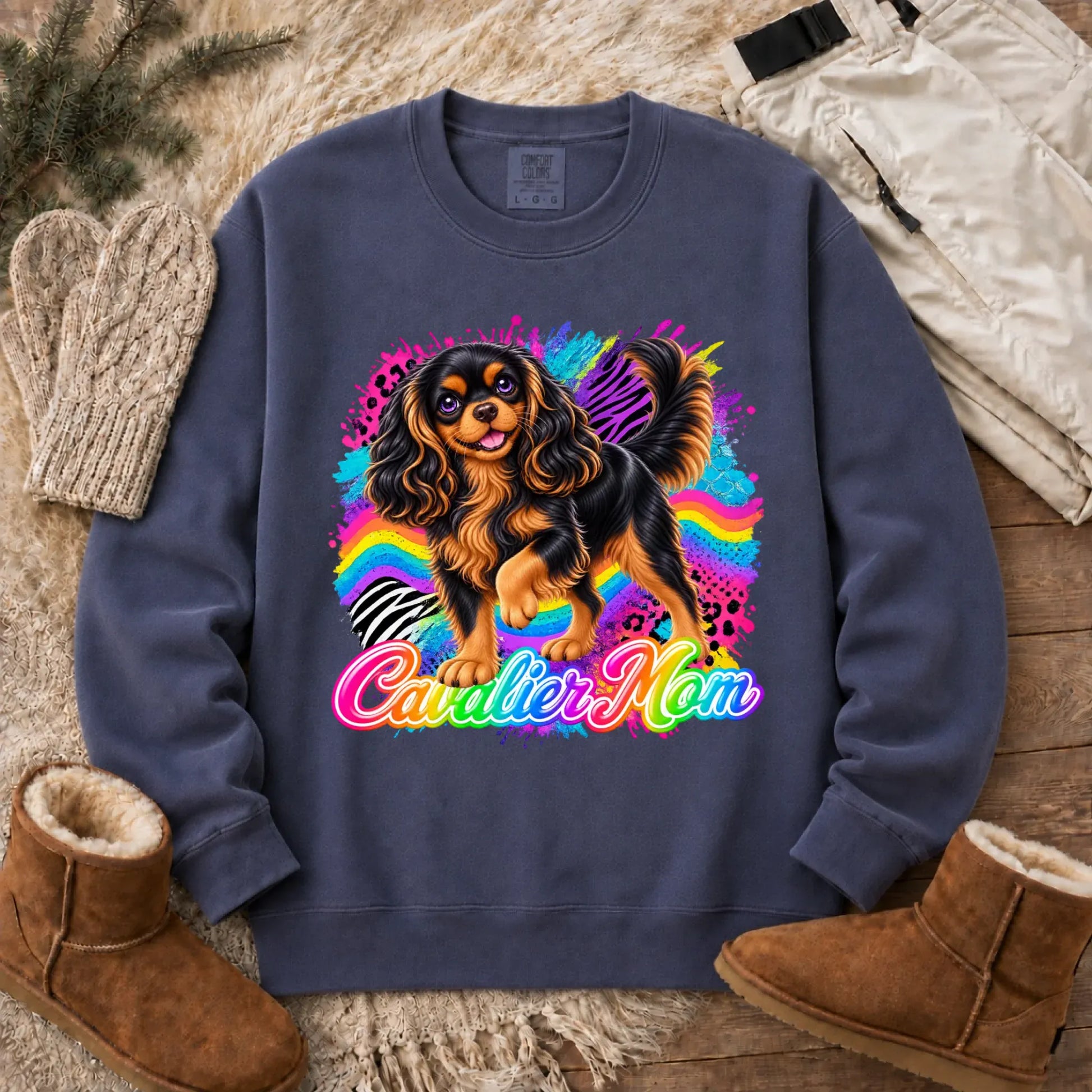Custom Cavalier Mom Retro Neon Unisex Sweatshirt Denim