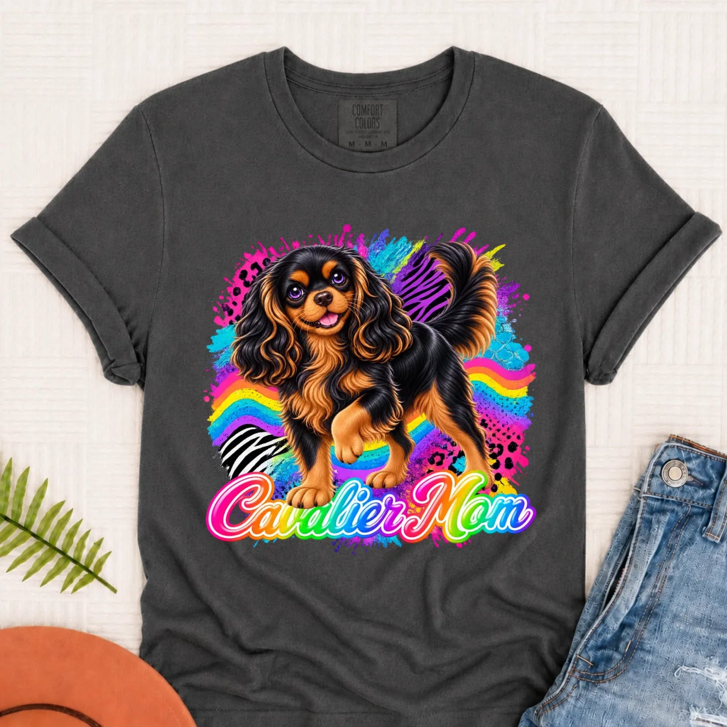 Custom Cavalier Mom Retro Neon Unisex Tshirt Pepper