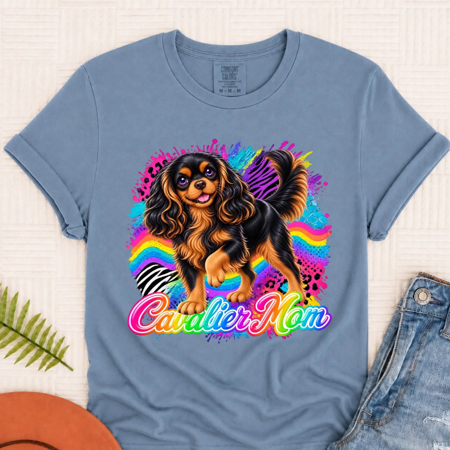 Custom Cavalier Mom Retro Neon Unisex Tshirt Blue Jean