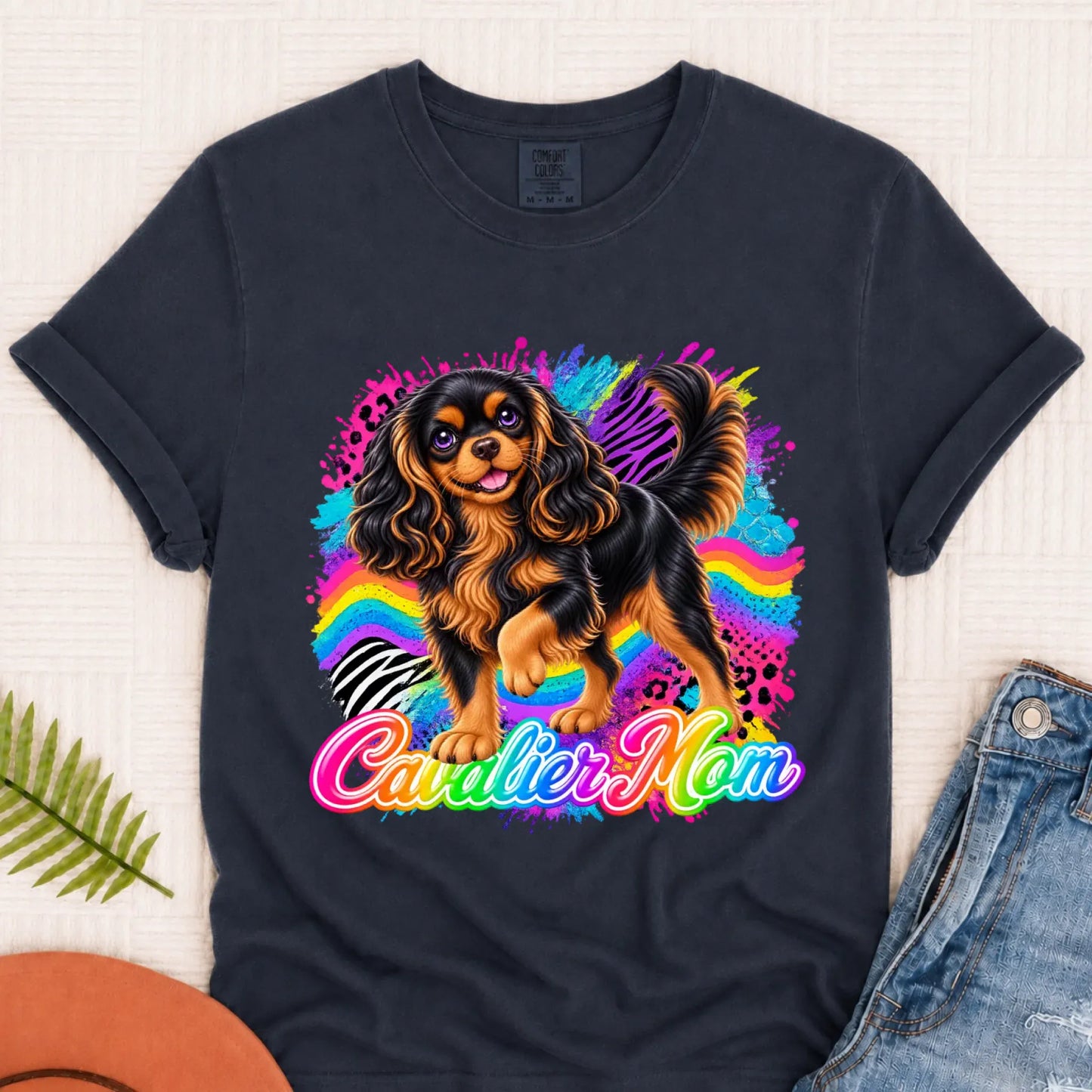 Custom Cavalier Mom Retro Neon Unisex Tshirt Navy