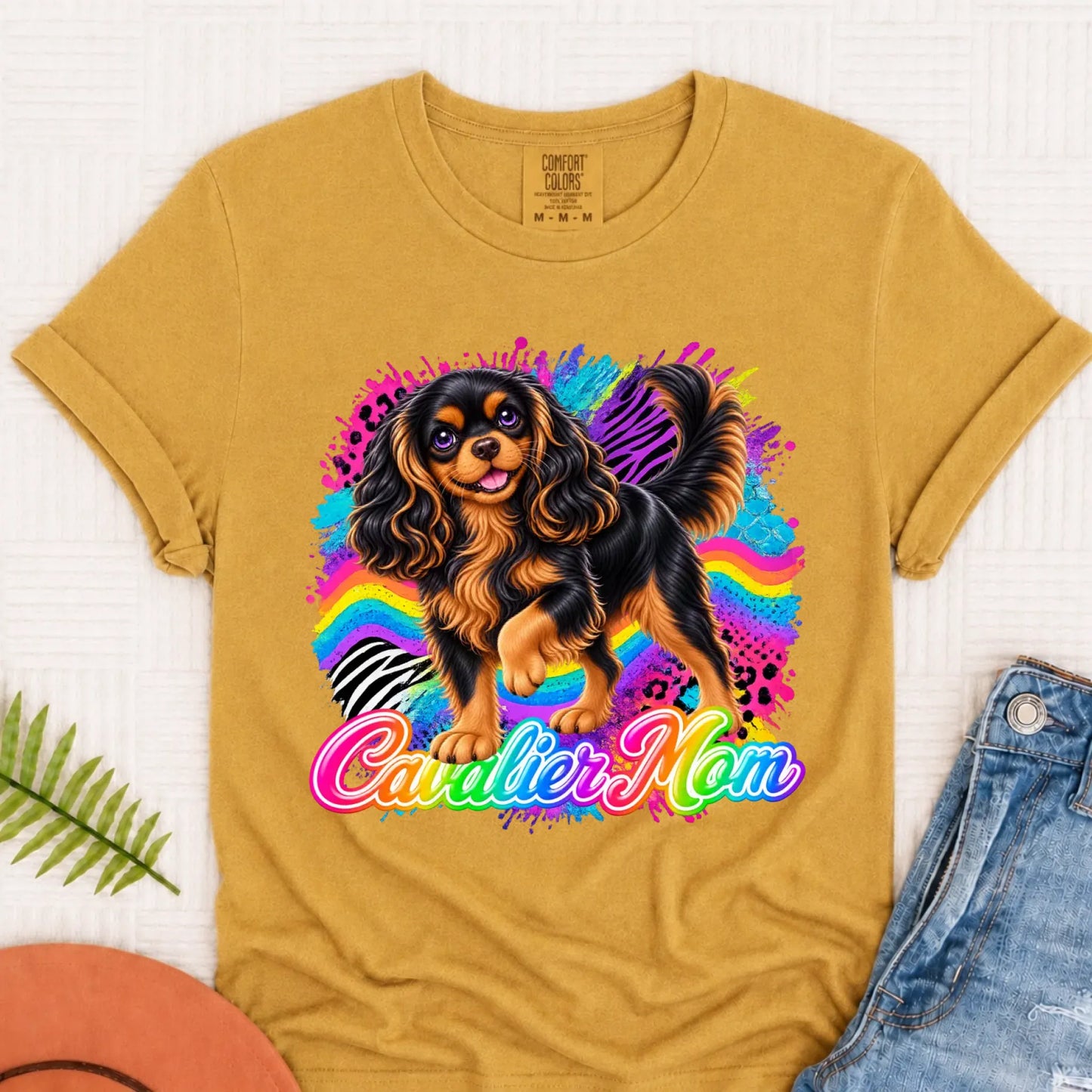 Custom Cavalier Mom Retro Neon Unisex Tshirt Mustard