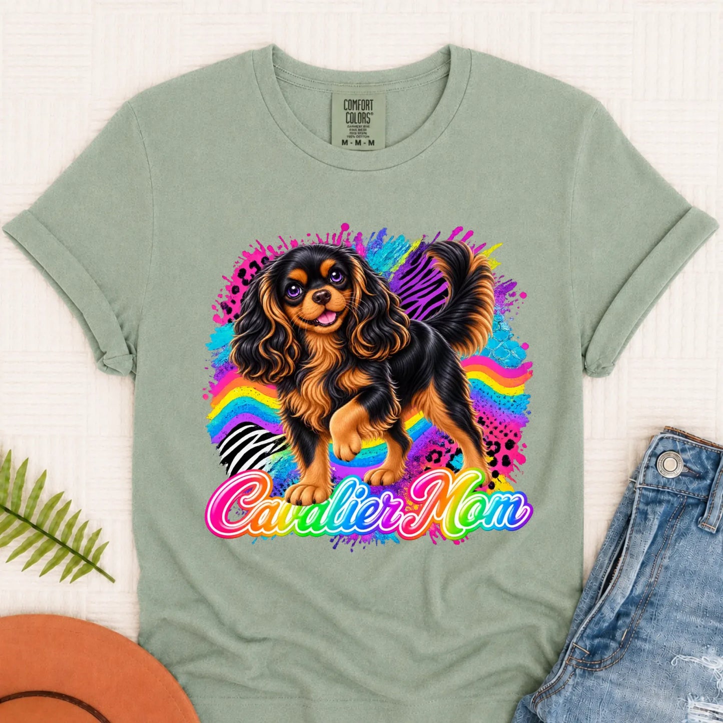 Custom Cavalier Mom Retro Neon Unisex Tshirt Bay