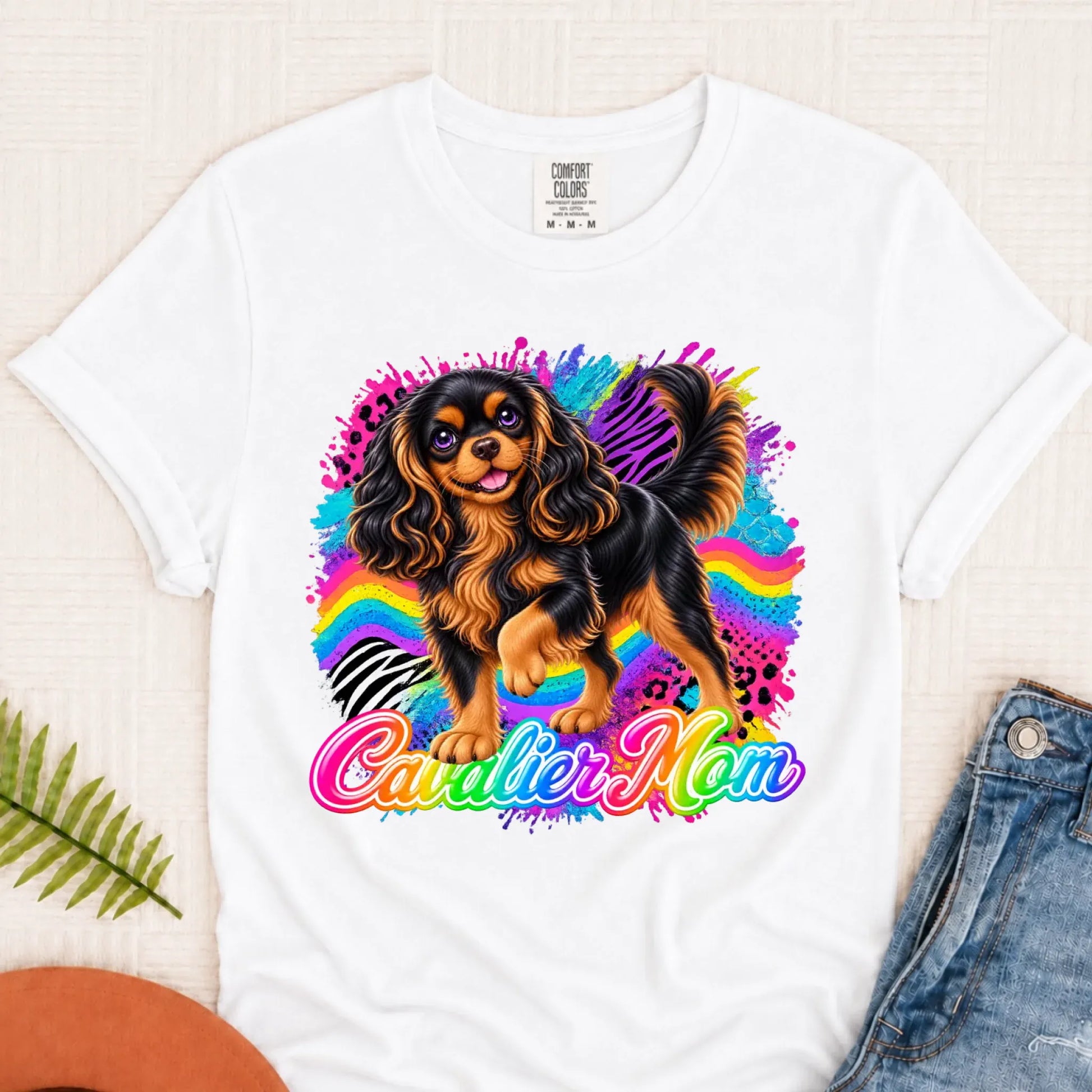 Custom Cavalier Mom Retro Neon Unisex Tshirt White