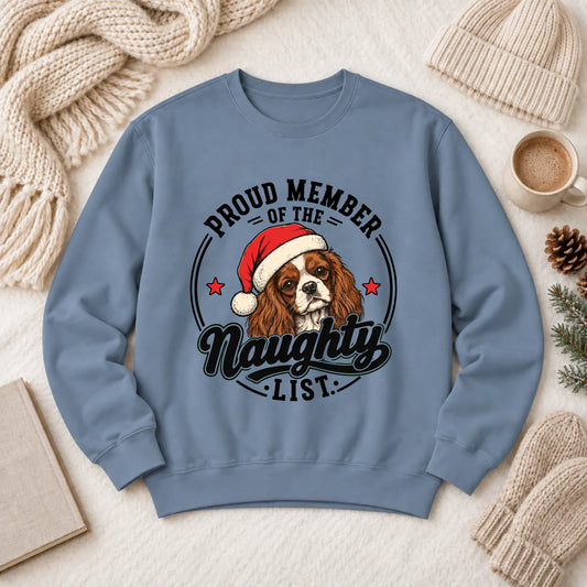 Custom Cavalier Santa Naughty List Unisex Sweatshirt Blue Jean