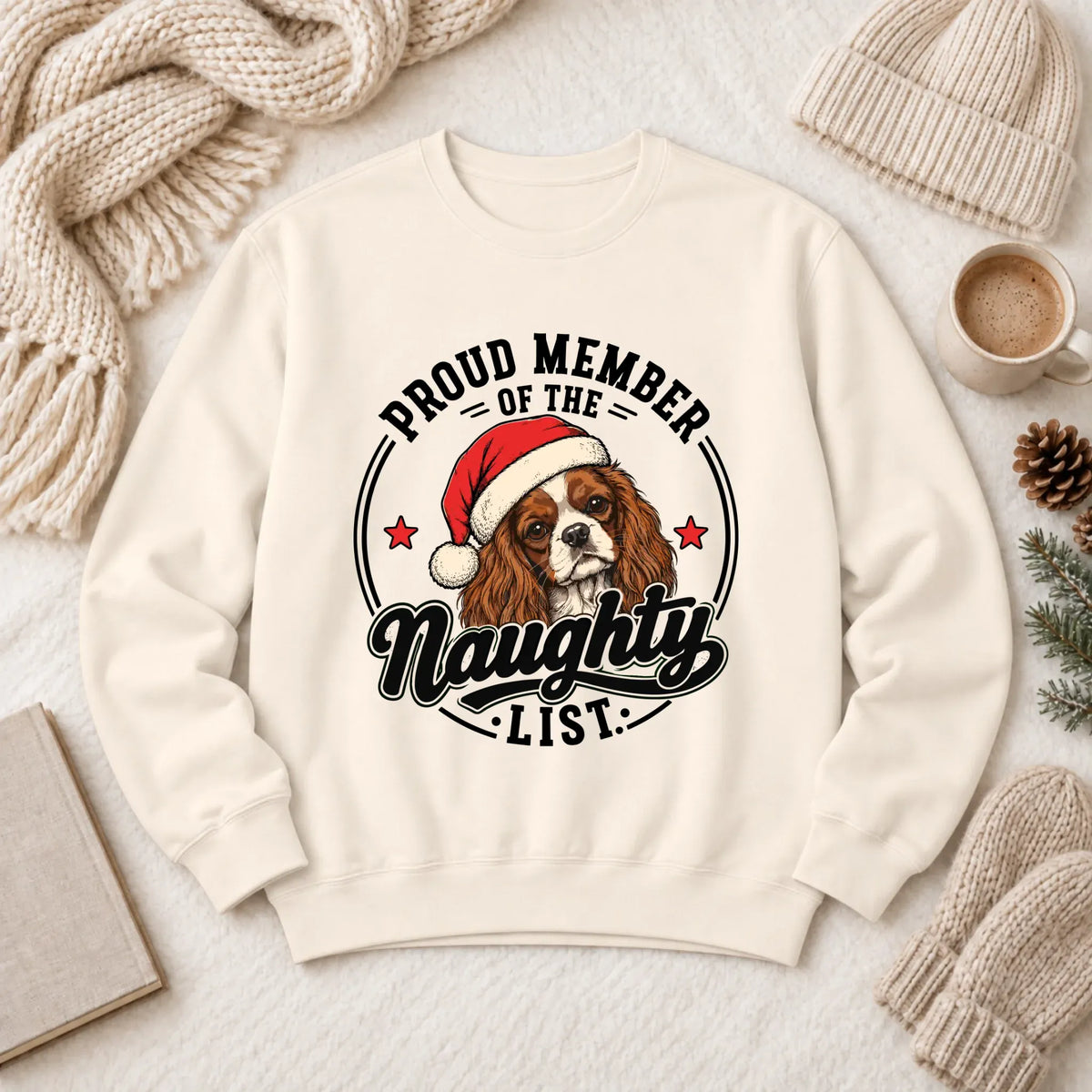 Custom Cavalier Santa Naughty List Unisex Sweatshirt Ivory