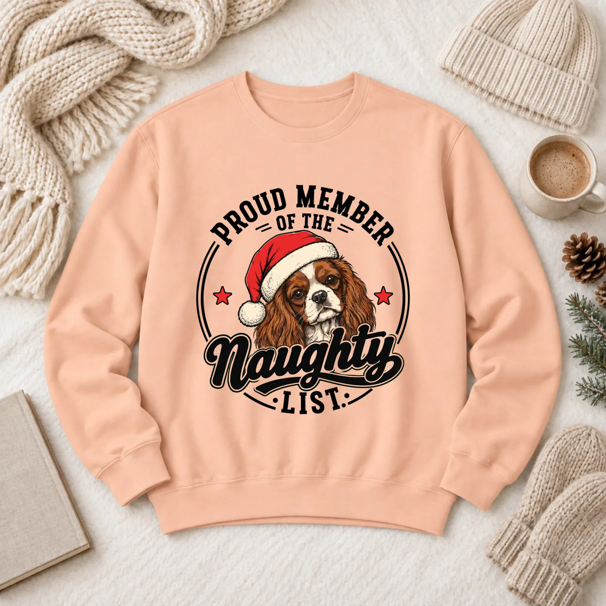Custom Cavalier Santa Naughty List Unisex Sweatshirt Peachy