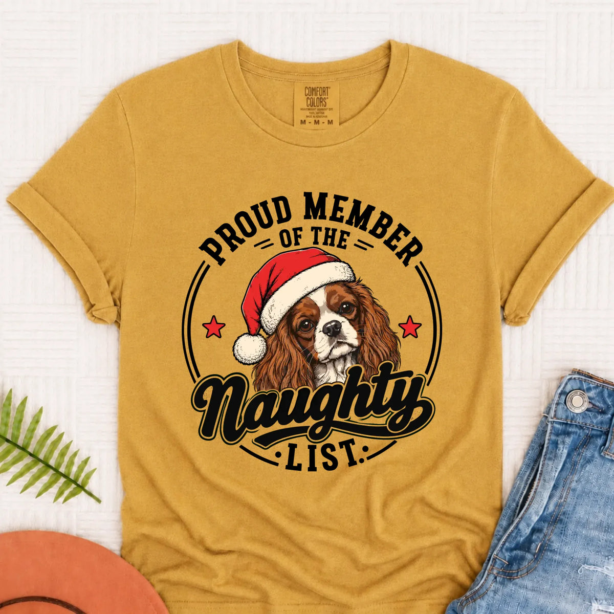 Custom Cavalier Santa Naughty List Unisex Tshirt Mustard