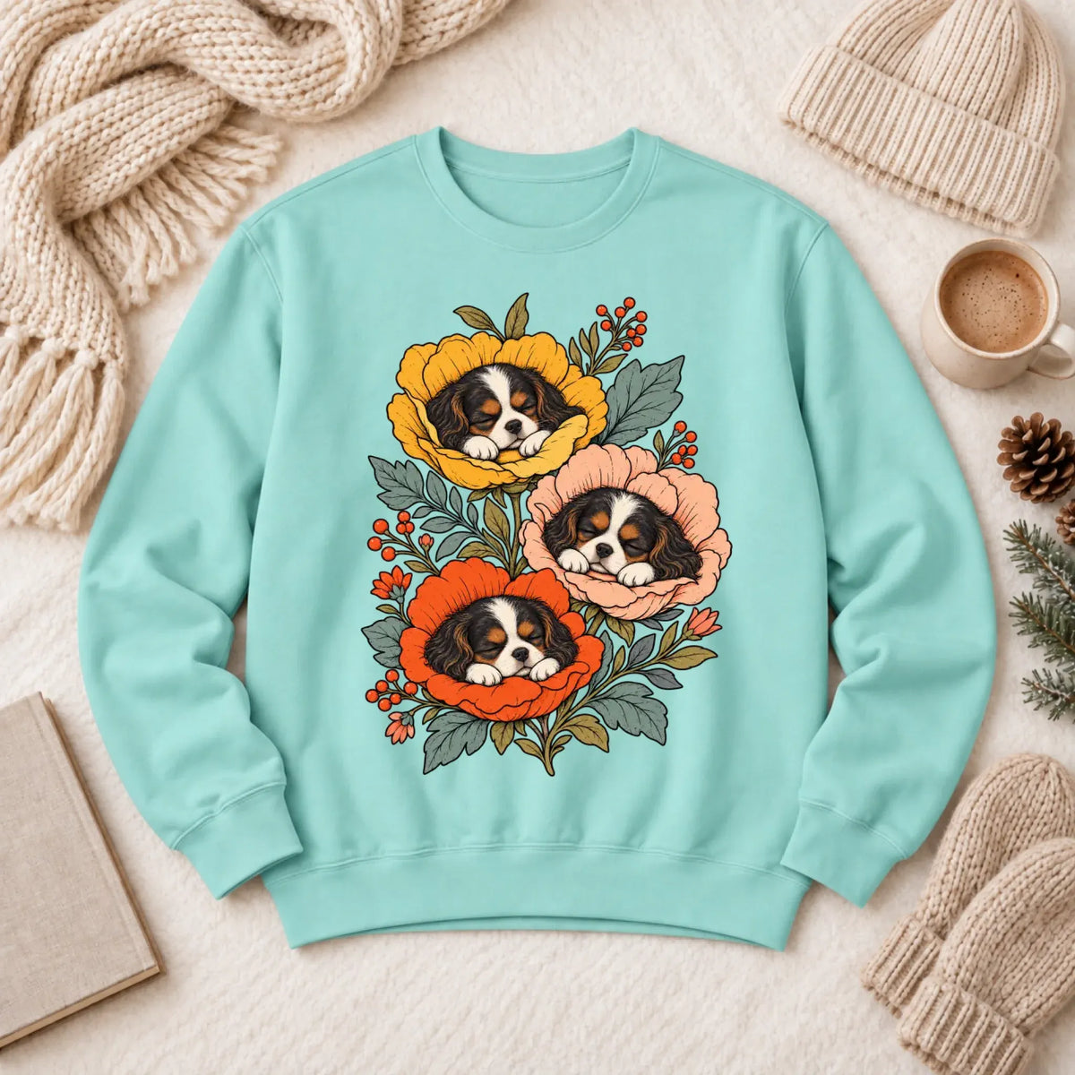 Sweatshirt Chalky Mint / S Custom Cavalier Sleeping Flowers Unisex Sweatshirt