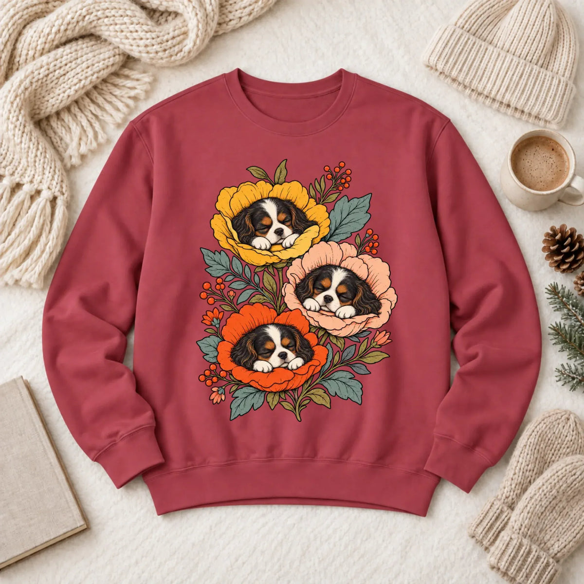 Sweatshirt Crimson / S Custom Cavalier Sleeping Flowers Unisex Sweatshirt