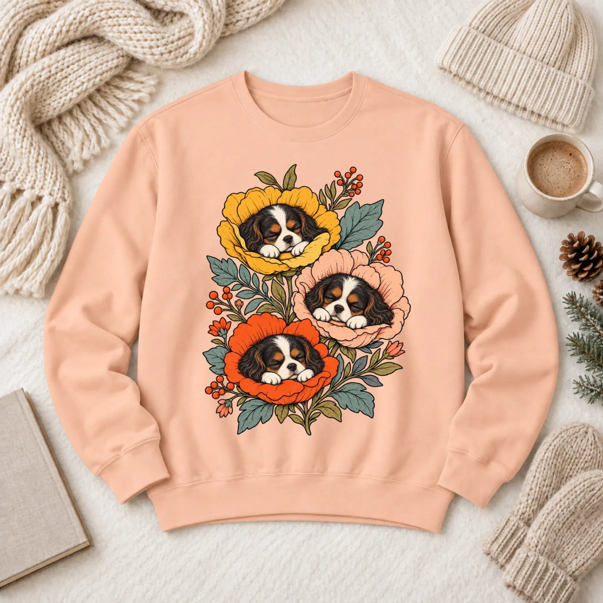 Sweatshirt Peachy / S Custom Cavalier Sleeping Flowers Unisex Sweatshirt